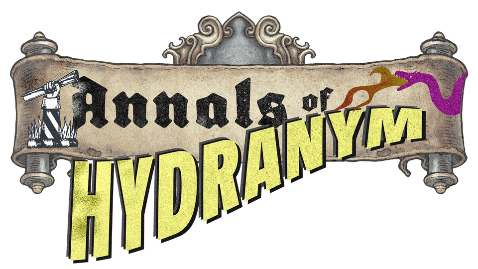 An illustration of a medieval-looking scroll with the words 'Annals of Hydranym' written on it and the Flaming Hydra dragon added to the scroll.