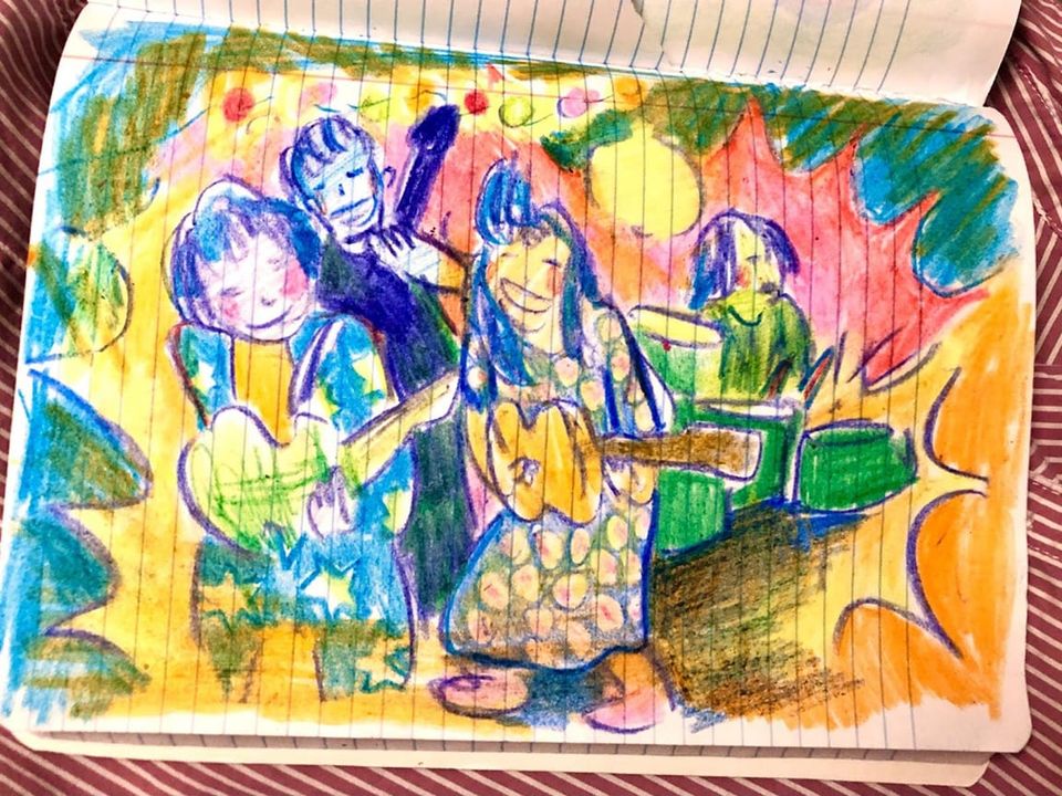 Colorful drawing in a notebook of the teen girl rock band, the Linda Lindas