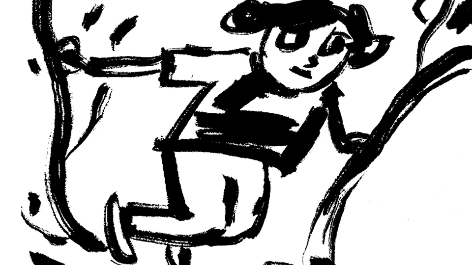 Black and white roughly sketched drawing of a child up in a tree, arms opened and holding two branches as if to jum