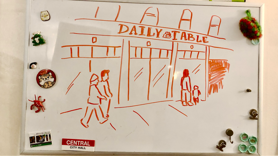 Drawing of Daily Table storefront with people approaching and going inside. It's on a whiteboard with metal clips and decorative magnets incl. a crab, a frog, and a "CENTRAL City Hall" badge