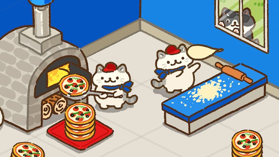 Two adorable cartoon cats throwing pizza crusts and removing finished pizzas from the oven; another cat watches through the window