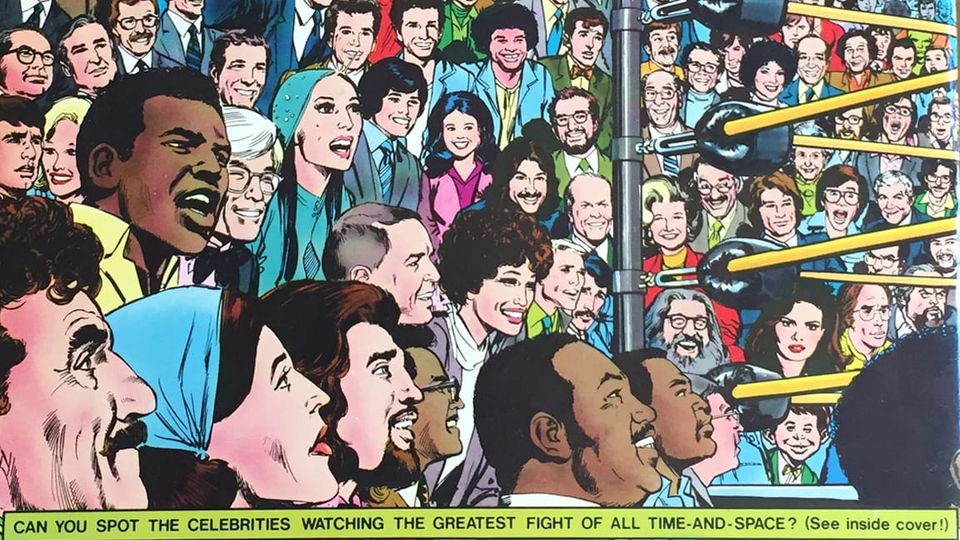 Detail of cover: CAN YOU SPOT THE CELEBRITIES WATCHING THE GREATEST FIGHT OF ALL TIME-AND-SPACE? (See inside cover!)