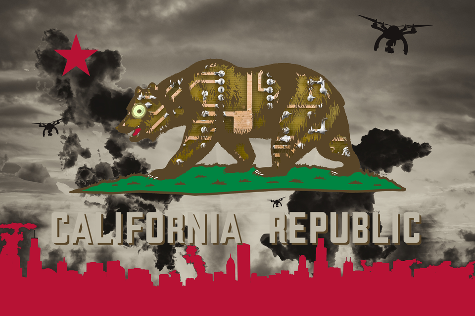 The flag of California image distorted to printed-circuit bear and smoking dystopian-hell cityscape background