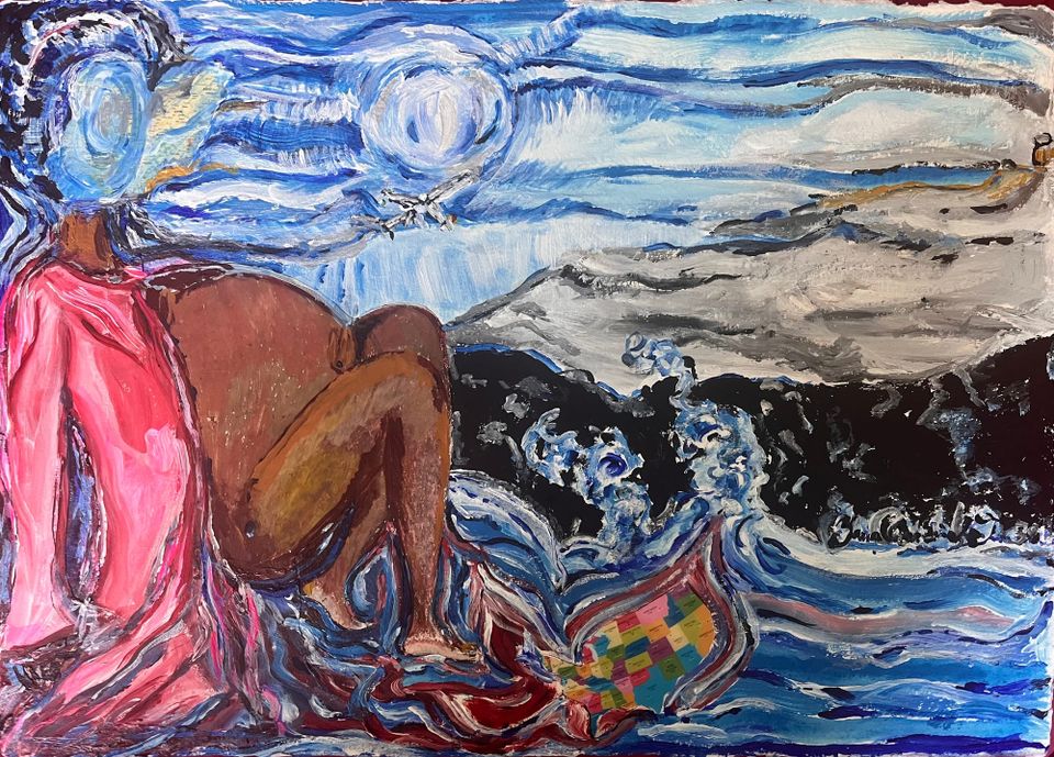 Colorful painting of the abstract body of a pregnant lady, supine, feet in the ocean; a vivid blue sky and a tiny airplane behind, and at her feet a map of the U.S. in reverse