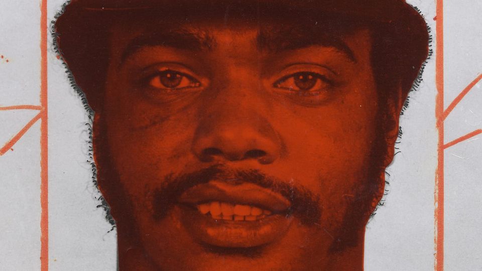 Image of Dave Parker with rubylith overlay and black ink retouching for newspaper reproduction. Wide-set eyes express knowingness, feline grace, and good humor