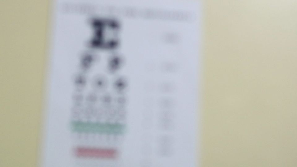 An eye chart on a wall, super blurry and out of focus