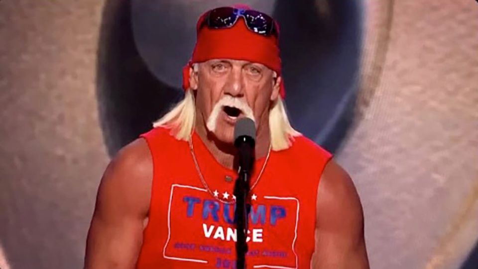Hulk Hogan making a speech wearing a sleeveless TRUMP VANCE t-shirt