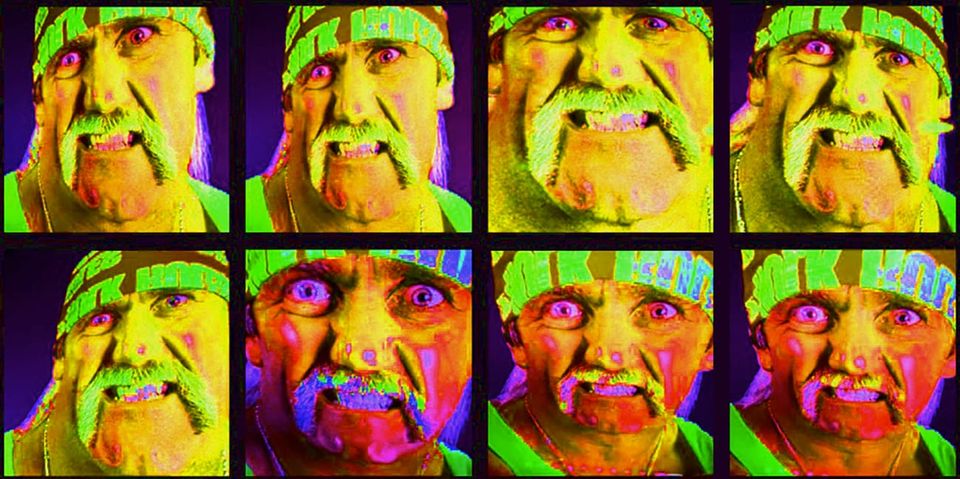 Eight really seasick, distorted images of the face of Hulk Hogan
