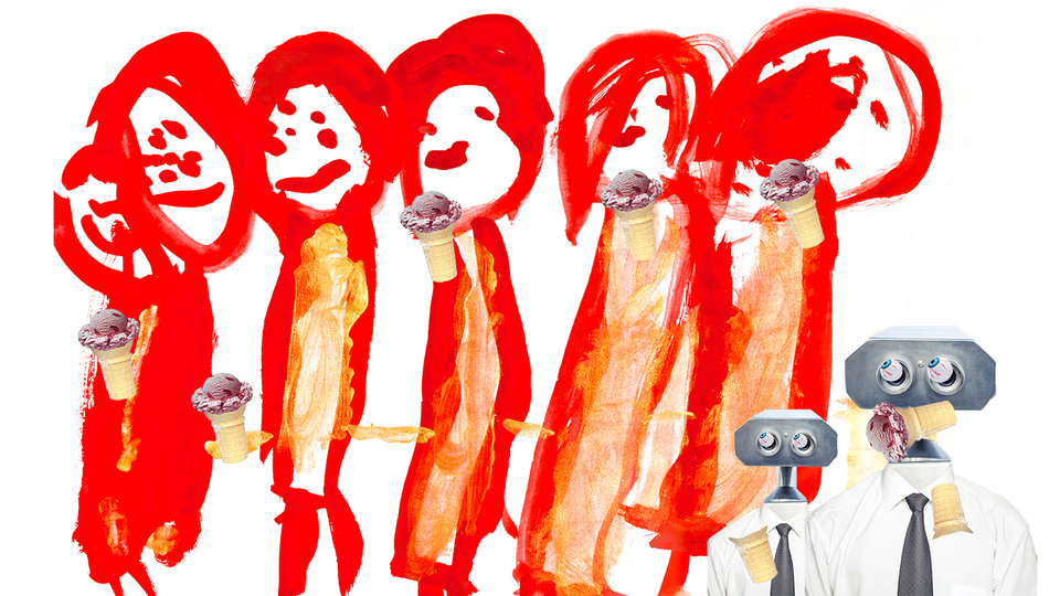 Figures drawn by a child edited to include photos of ice cream cones and two shirt-and-tie wearing robots attempting to emulate their cones and cone enjoyment