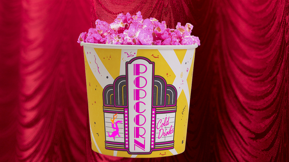 Hot pink radioactive POPCORN in a Flaming Hydra themed Movie Popcorn Bucket! wow