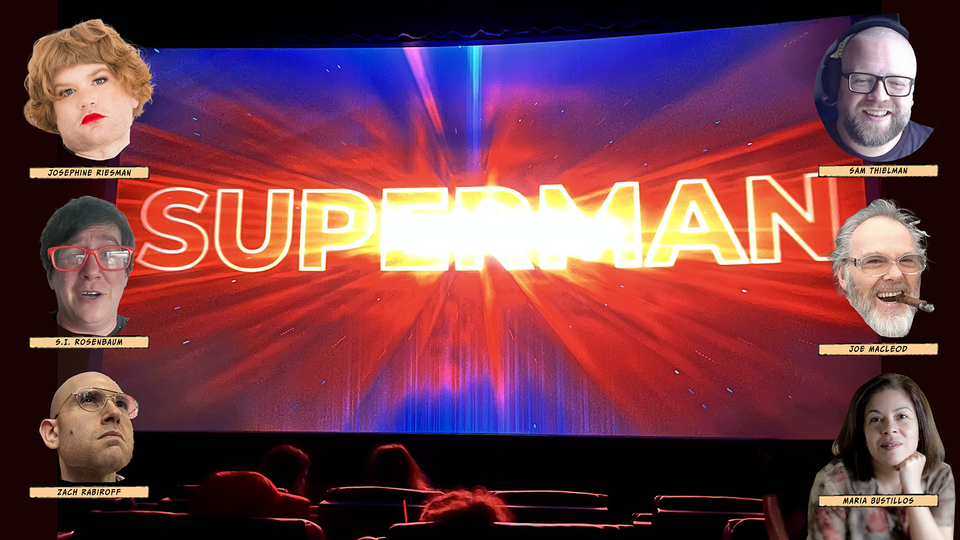 Shot of the SUPERMAN movie title adorned, comic book style, with the heads and name of our distinguished panel of movie reviewers