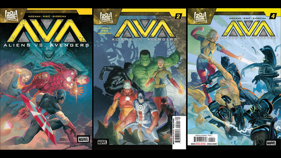 Three covers from the Aliens Vs. Avengers series