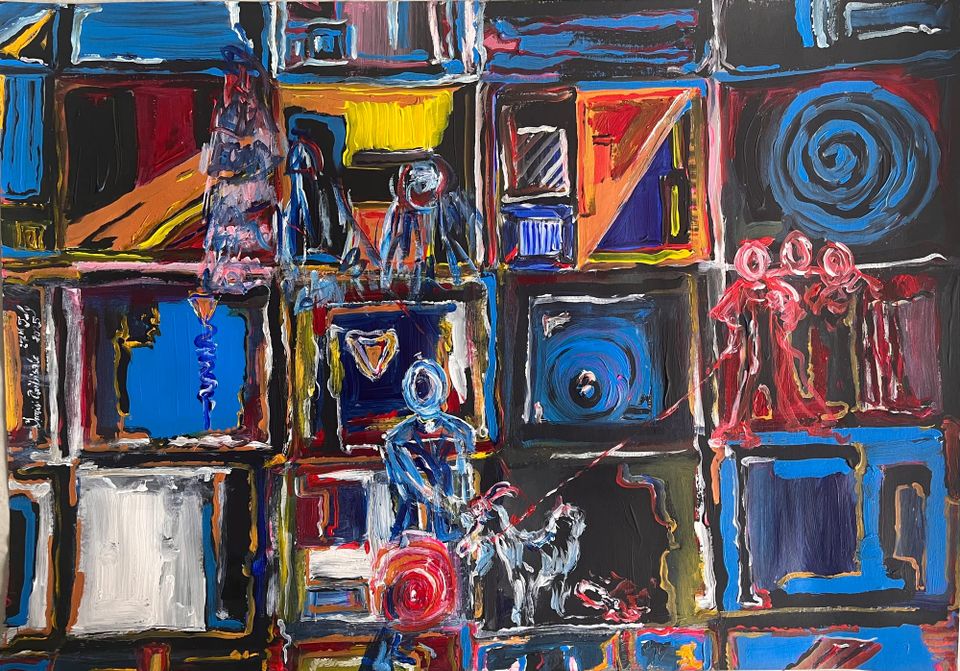 An abstract representation of the patterns of power secretly ordering the world in colorful, swirling blocks and seminal whorls, strings and forbidding blobs