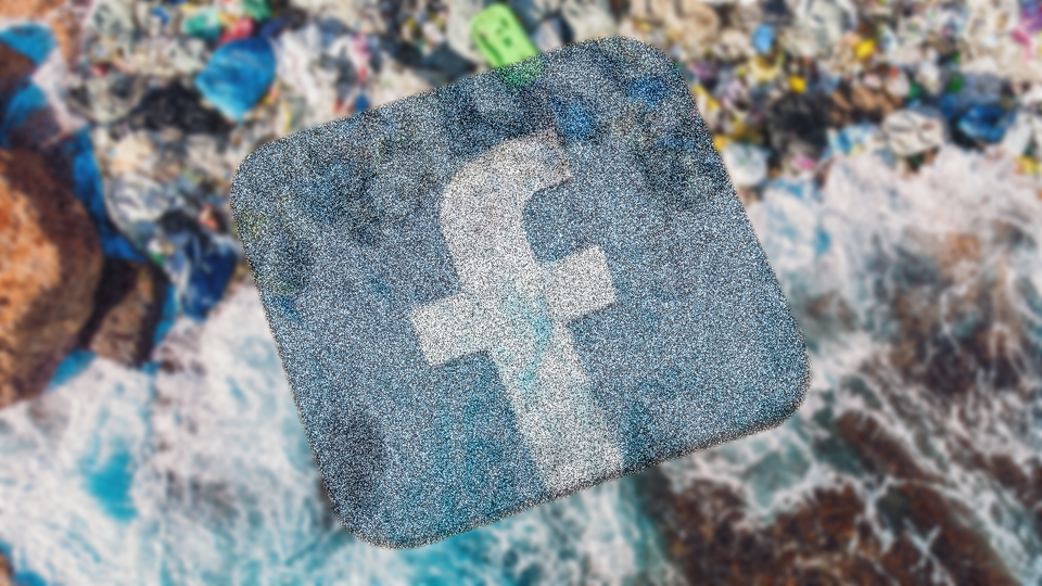 A faded Facebook icon over a blurry field of trash
