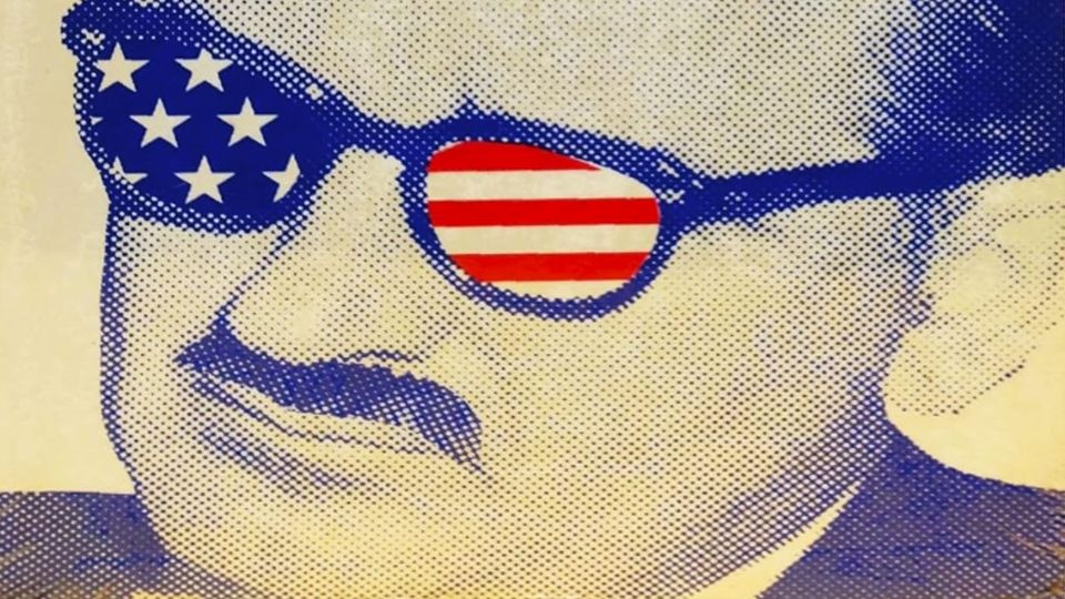 Duotone photo of Sen. Joseph McCarthy decorated with a moustache and glasses occluded with cutouts of the Stars and Stripes