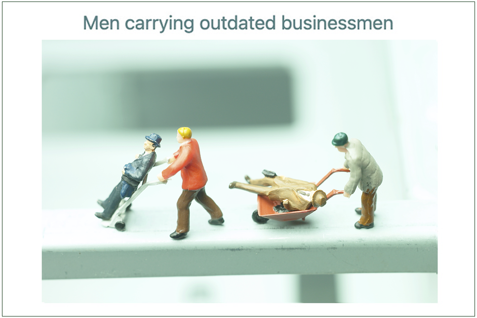 Stock art of businessmen homunculi being wheeled away on tiny carts by other homunculi