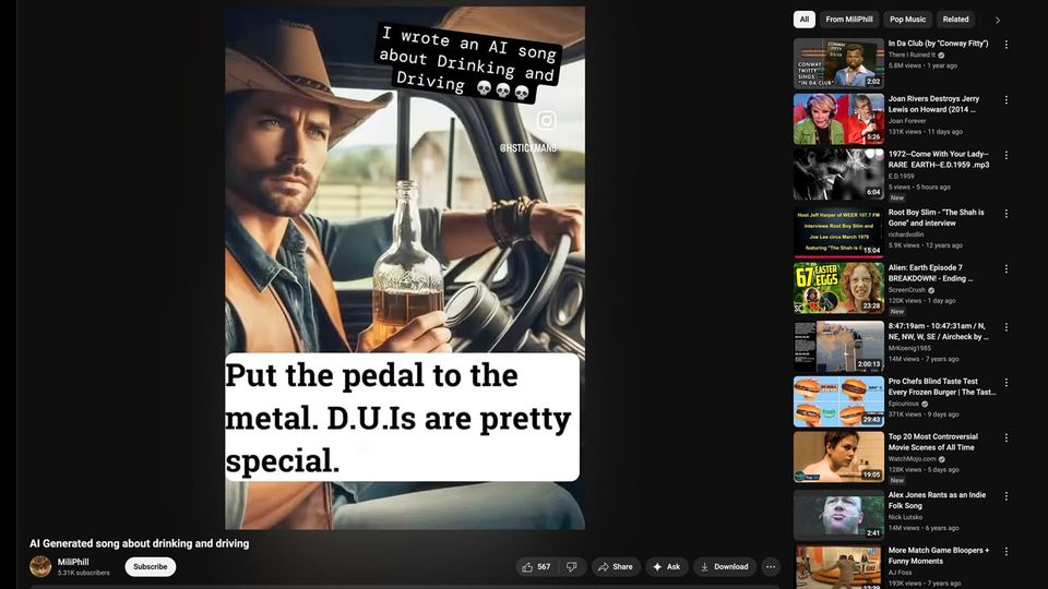 Screenshot of "AI Generated song about drinking and driving" via Youtube https://www.youtube.com/watch?v=eOP76SVYX7k