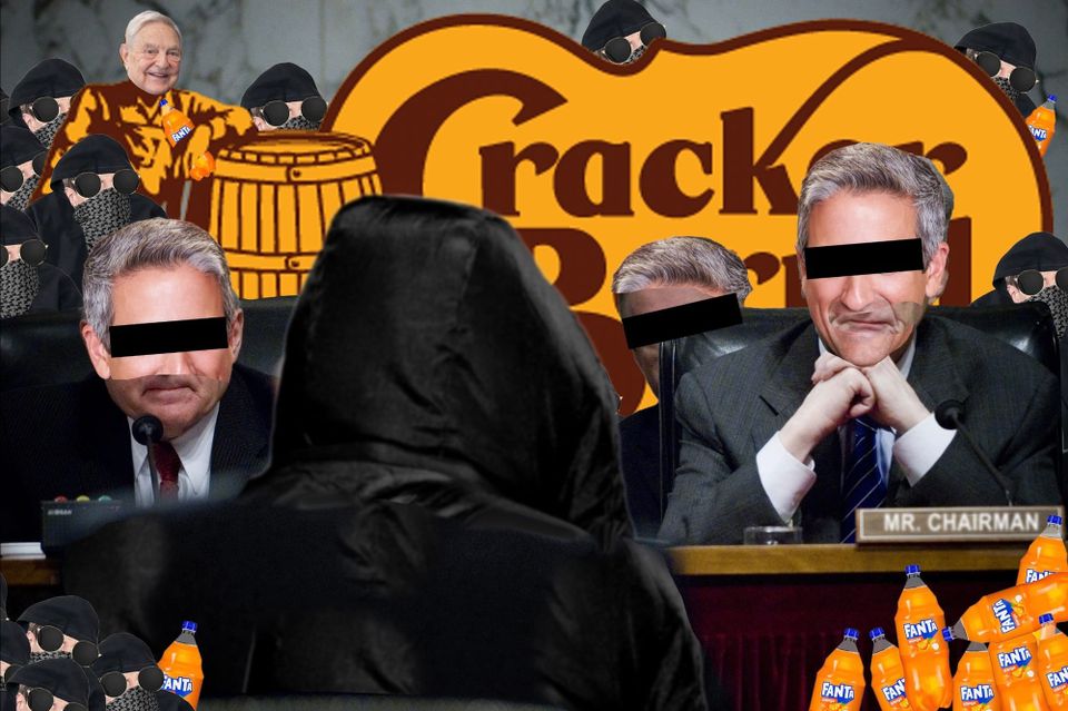 Collage of George Soros as the Cracker Barrel man presiding over a congressional hearing of faceless congressmen interrogating a guy in a black hoodie plus FANTA bottles all over