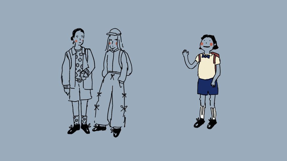 A duo in fashionable togs looking slightly askance at an eager newcomer in shorts, all three wearing the same lace-up two-tone shoes