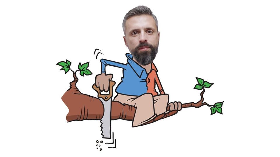 Ezra Klein's head on a cartoon of a person sawing through the tree branch he is seated on.