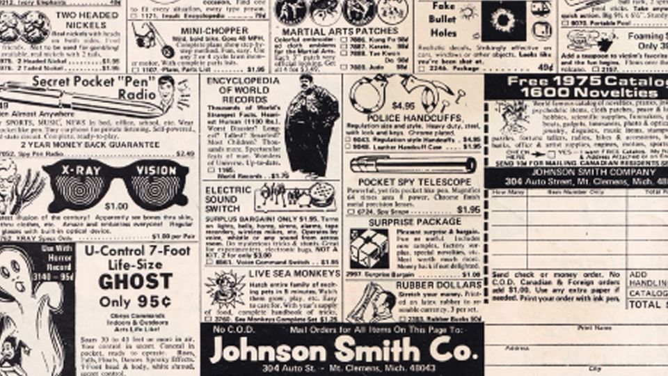 Tiny ads for many weird 'Novelties' including X-Ray Vision glasses ($1.00), Pocket Spy Telescope, Police Handcuffs ($4.95), Fake Bullet Holes (49c) and more in black and white