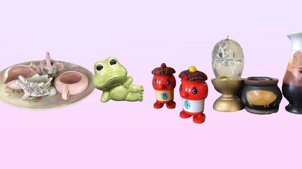 Tiny ceramic, glass, and plastic trash: salt & pepper shaker, reclining frog, tea service, candle holder