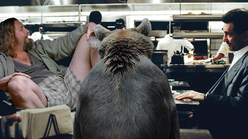The big diner scene from "Heat," cop meets robber, except it's Jeff Lebowski from "The Big Lebowski," reclining with beverage, a bear, seated with its back to us, Robert DeNiro