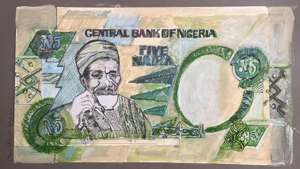 A painting of former Nigerian PM Abubakar Tafawa Balewa, drinking tea in shades of green, on the five-naira note as reimagined by the author