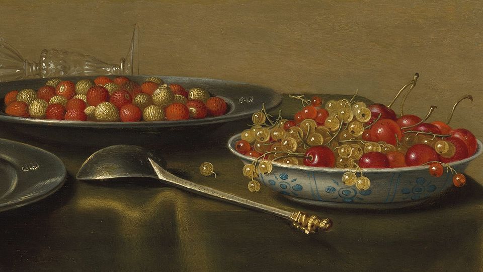 Detail from a Dutch still life of fancy foods with fancy serving dishes and tableware