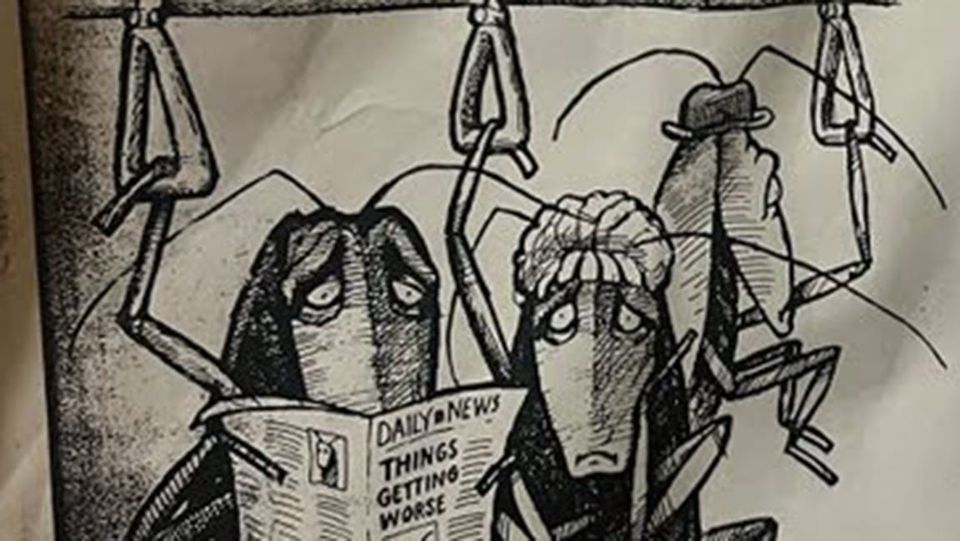 Detail of LIBERATION, VOLUME 19 NOS. 8 & 9 cover: Illustration of a cockroach couple on the subway as straphangers. SPECIAL ISSUE NYC CRISIS Including: FRANCES FOX PIVEN ROBERT ZEVIN...