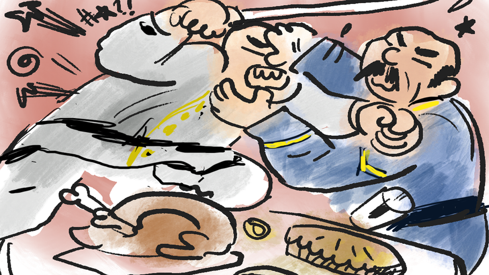 DETAIL OF PANEL 3: CIVIL WAR SOLDIERS, ONE WEARING BLUE, ON GRAY, IN BRUTAL COMBAT OVER A THANKSGIVING TABLE SETTING