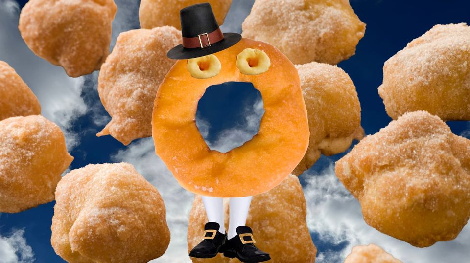 Photo collage of a doughnut dressed like a Pilgrim incl. big-buckled shoes and white stockings, against a brilliant fritter-filled blue sky
