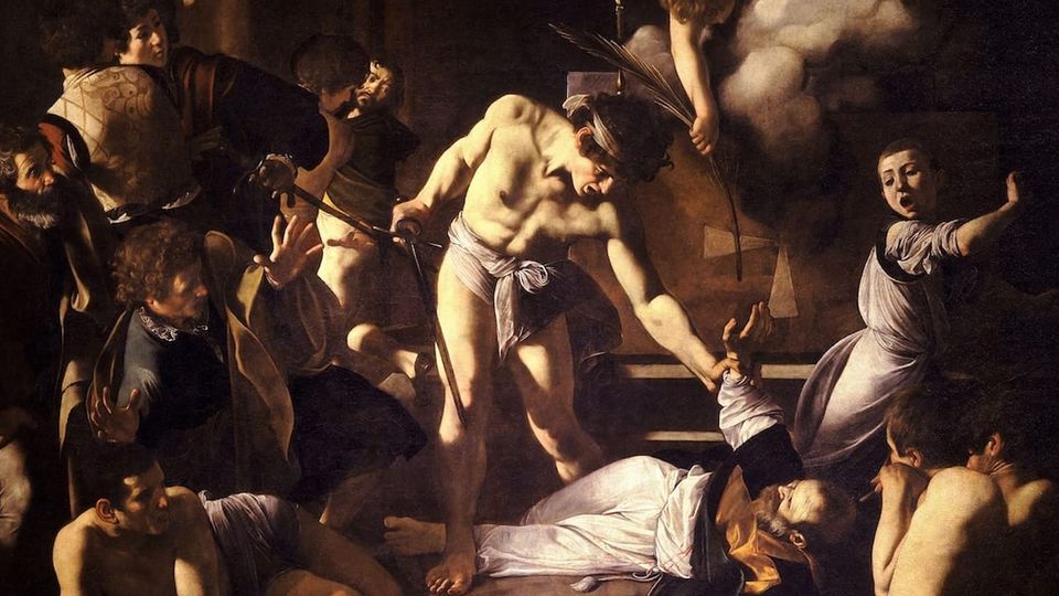 Detail from the painting: The assassin, sword in hand, stands above the beseeching saint; an angel above offers down the martyr’s palm