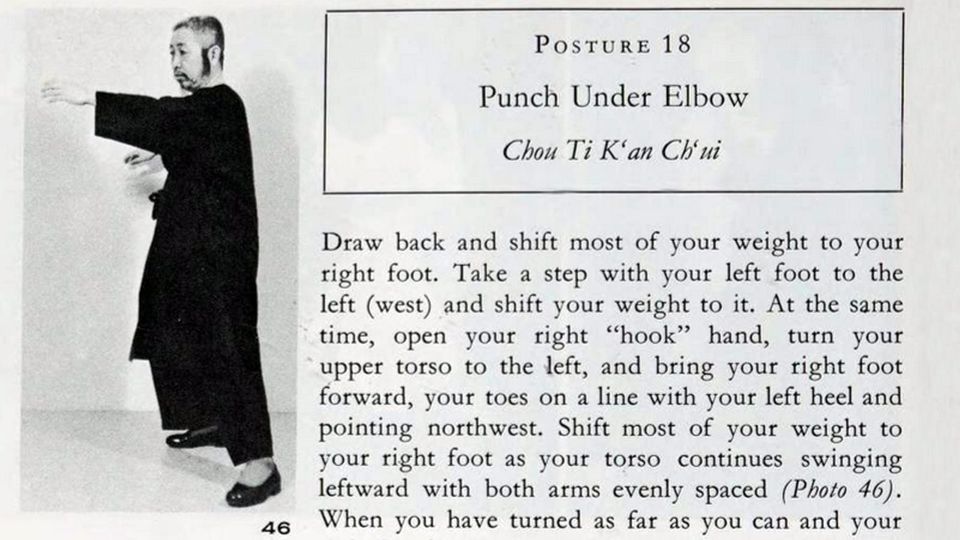 Image 46 shows a Tai Chi practitioner demonstrating Posture 18, Punch Under Elbow, Chou Ti K'an Ch'ui: "Draw back and shift most of your weight to your right foot," etc.