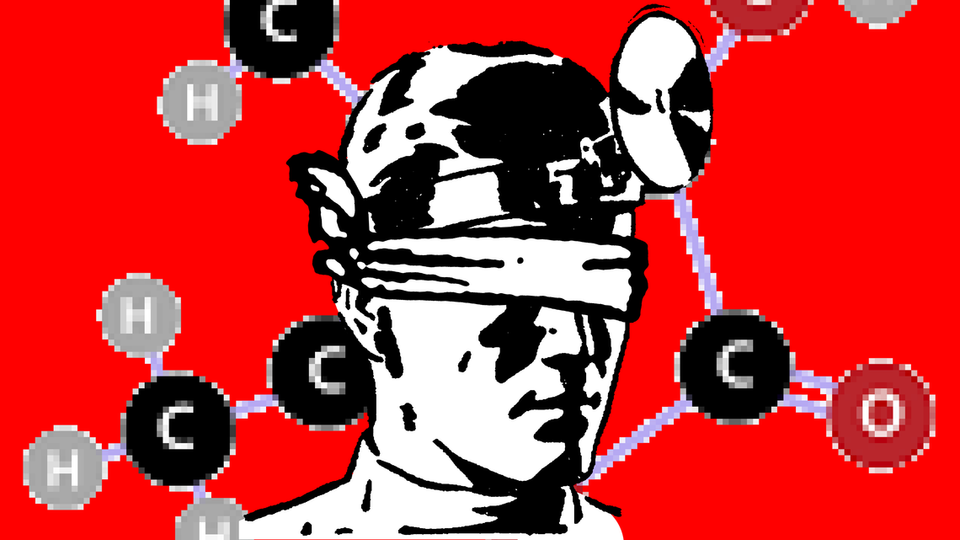Illustration of a blindfolded doctor with a background of the molecular structure of "Sotolone (sotolon) gives maple syrup urine syndrome patients' urine its maple syrup smell."
