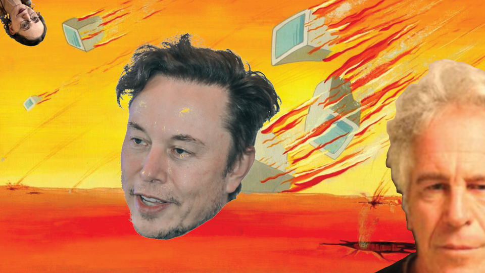 Hellscape: Disembodied head of Elon Musk flying through superheated sky as flaming computer monitors fall. Mugshot of Jeffery Epstein in foreground. Joyce Carol Oates peers in from top.