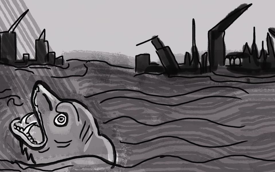 A hand-drawn copy of a 16th century painting: a hog-faced sea monster surfaces in a roiling ocean as in the distance towers crumble and fall