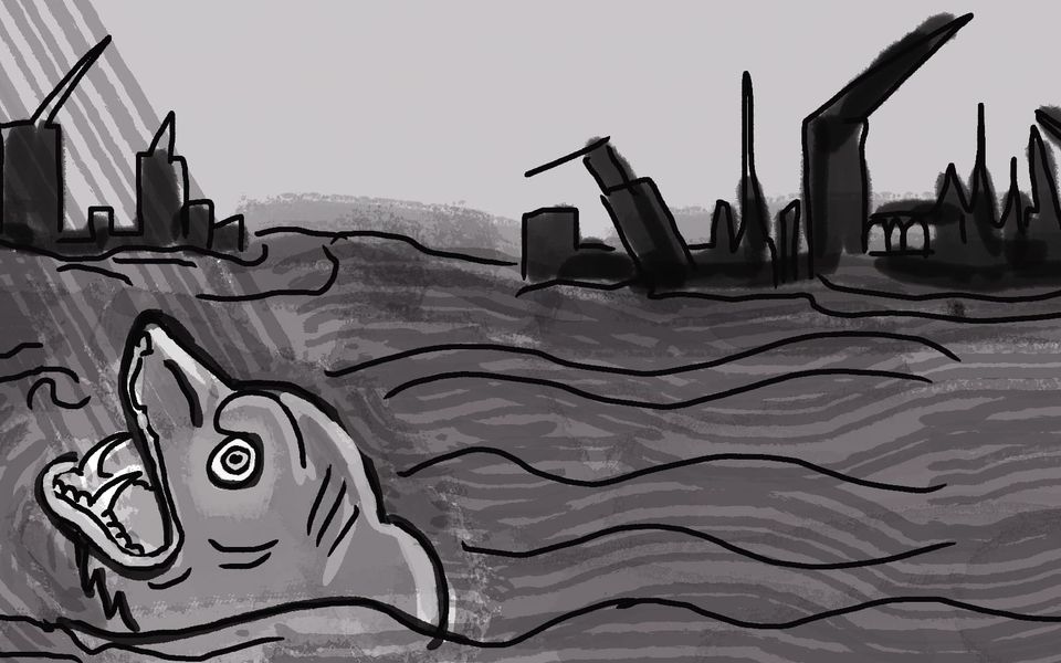 A hand-drawn copy of a 16th century painting: a hog-faced sea monster surfaces in a roiling ocean as in the distance towers crumble and fall