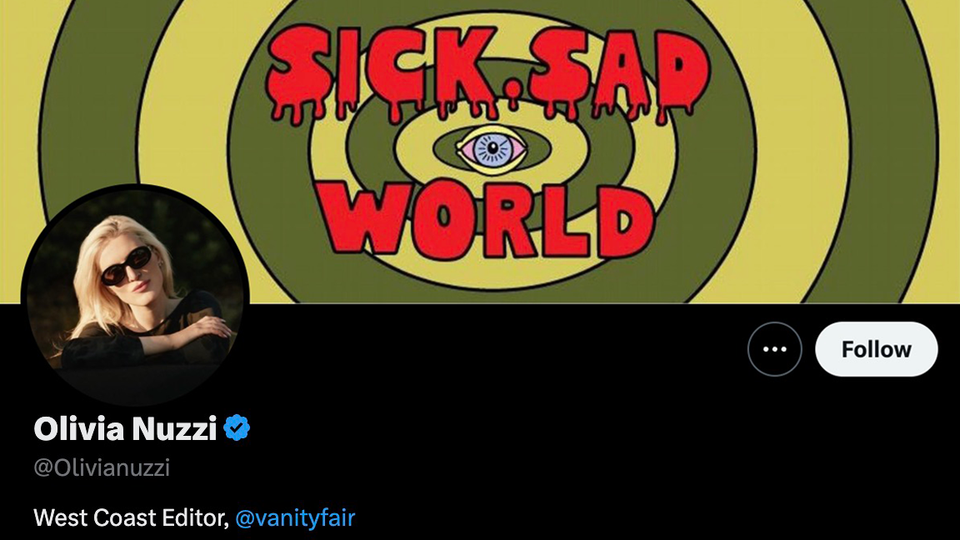 X profile of Olivia Nuzzi, head tilted to one side, wearing sunglasse and in the background the logo for the popular television show SICK SAD WORLD that appeared within MTV's DARIA.