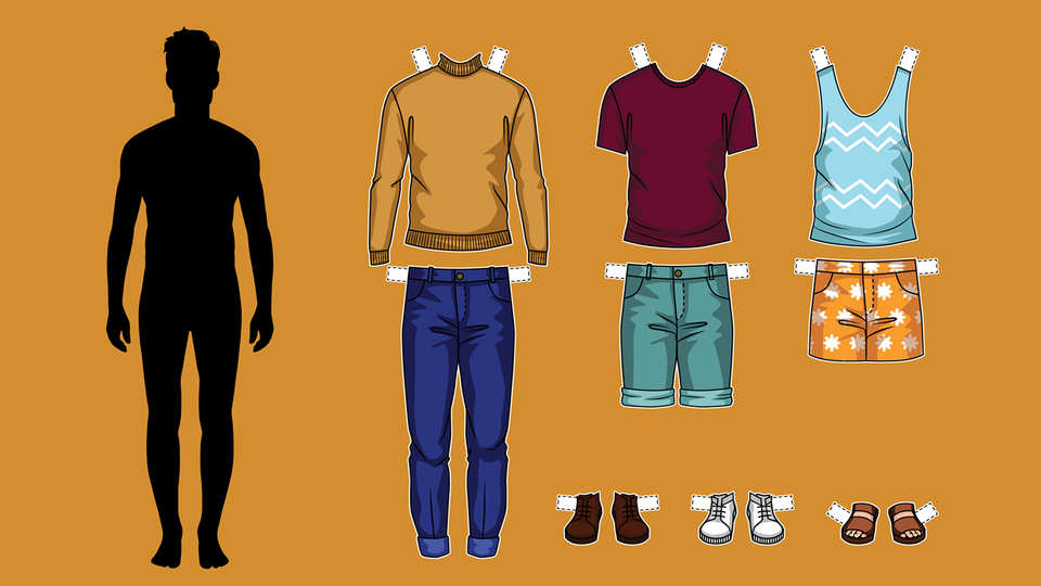 Paper-doll clothing items and silhouette of a man shape