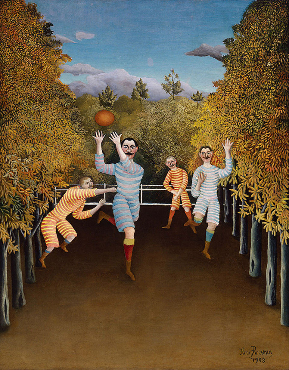 Four olde-timey dudes with moustaches prancing around a clearing in a forest and they are playing with a ball