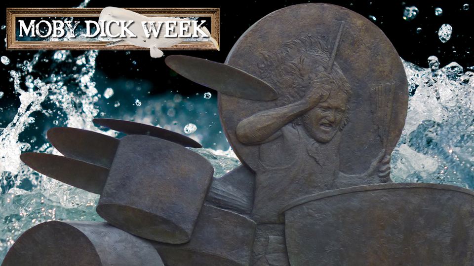 Statue of Bonham drumming furiously superimposed in front of a churning sea.
