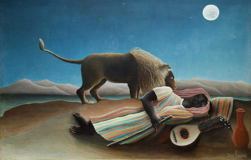 oil paint canvas genre art landscape painting lion full moon desert Romani people surrealism