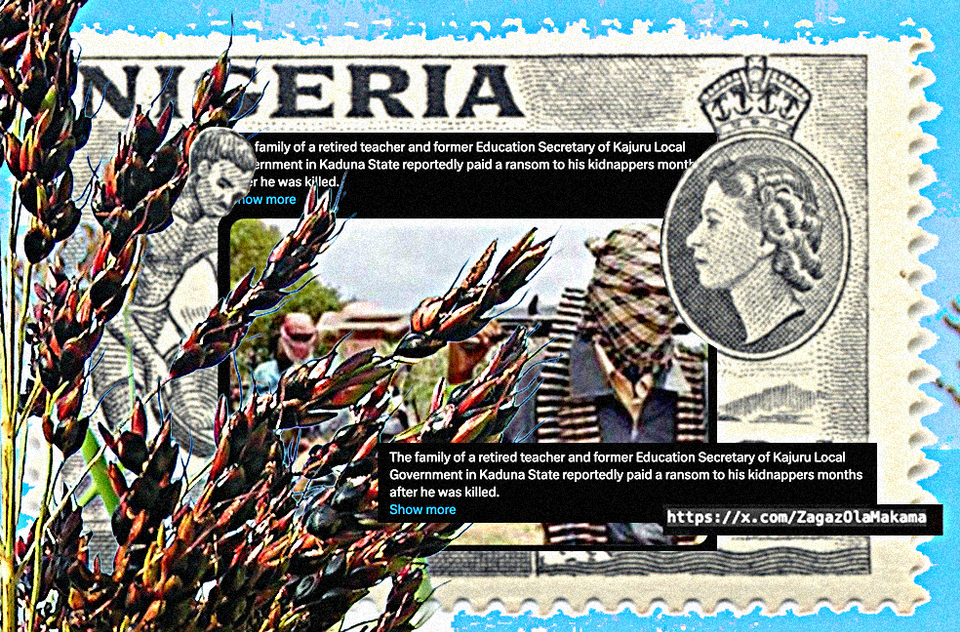 Postage stamp from the '50s depicting Nigerian tin worker and image of Elizabeth II collaged with sorghum and social media post with photo of masked bandits carrying heavy arms and ammo.