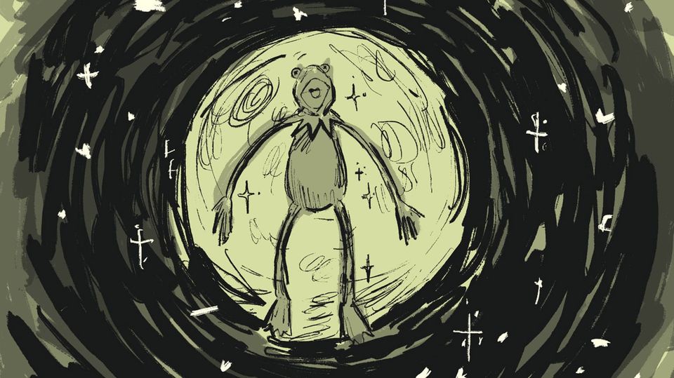 Kermit the Frog in a swirly tunnel