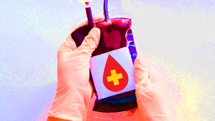 A branded bag of blood being squeezed