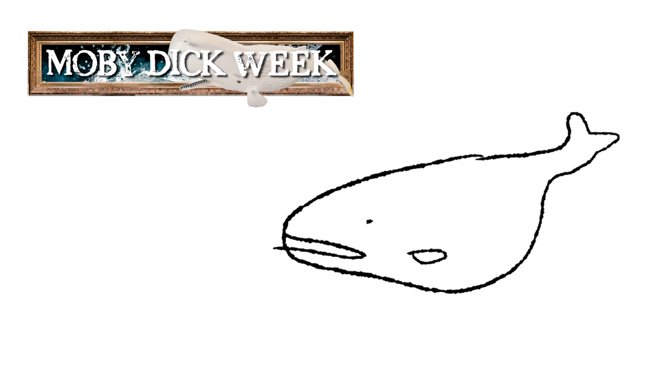 A sketch of a whale by Amy Chu and the framed MOBY DICK WEEK announcement!