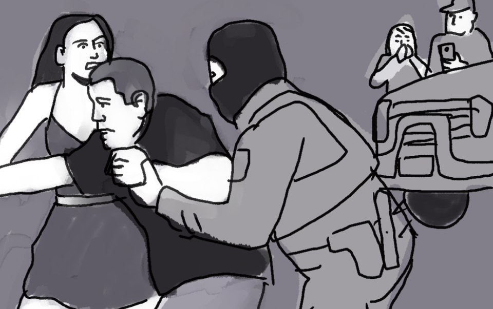 A hooded figure in paramilitary garb seizes a man in a t-shirt as a stricken woman looks on; in the bg someone is filming, someone with hands cupped over mouth