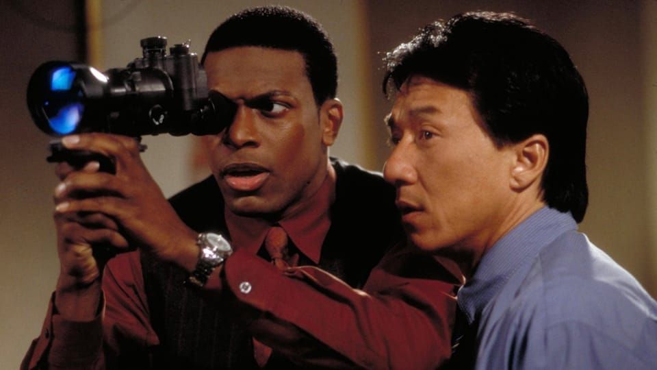 Tucker's character is holding some sort of ridiculous camera contraption that looks bassackwards.