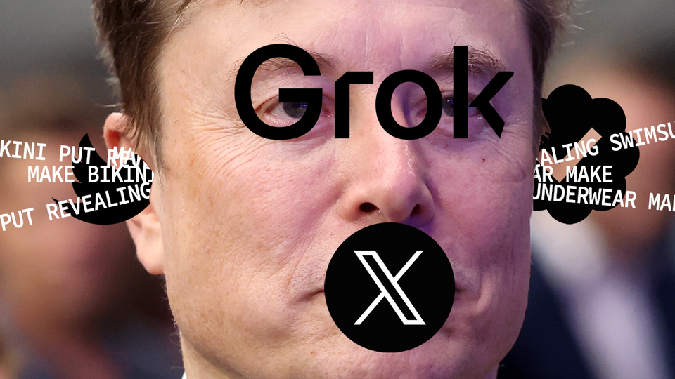 Elon Musk, face obscured by GROK, and X logos, words coming through his head/out of his ears in front of old Twitter bird mark and the "verified" check.